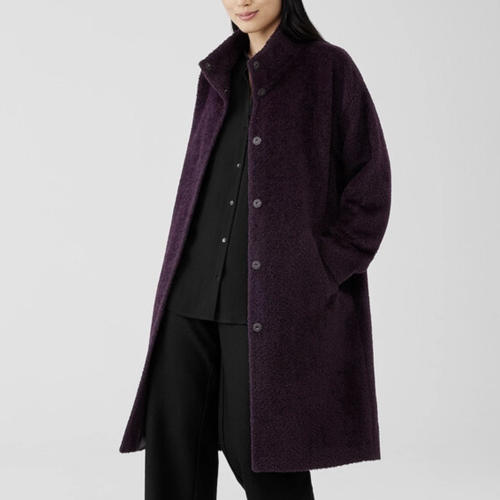 Eileen Fisher Sheared Suri Alpaca Stand Collar Coat Purple Timeless Old Money